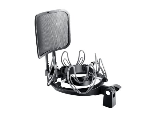 Soporte universal de microfono SUUNTOK con filtro anti-pop para microfonos de condensador de tamano 21-62mm Soporte para microfono antivibracion (Negro)