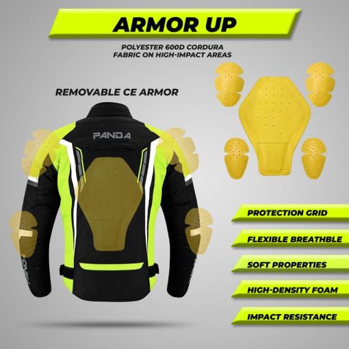 Chaqueta de moto PANDA CYCLE GEAR para hombre de alta visibilidad impermeable con armadura CE para enduro y motocicletas de doble deporte y acolchado de espuma para proteccion, Chaqueta de moto para hombres | Hi-Viz Verde, XL - Imagen 5
