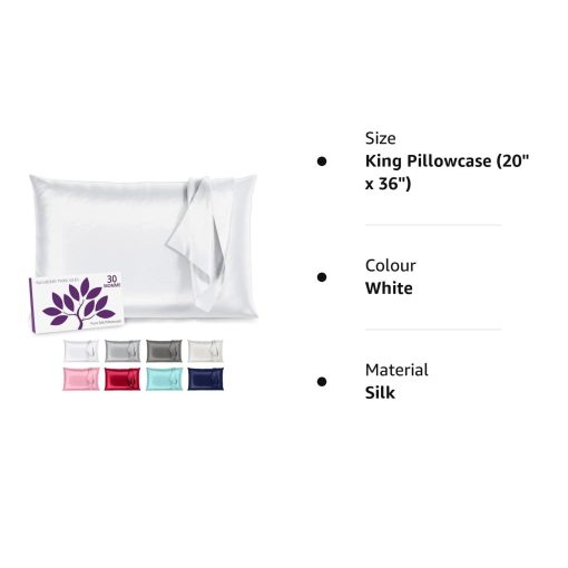 Funda de Almohada de Seda Mulberry Park 30 Momme - Funda de Almohada de Seda Pura para Cabello y Piel, Seda Real de Morera de Grado 6A Tejido Charmeuse Funda de Almohada para Noches de Lujo - 1 Pieza Blanco (King 20'' x 36'') - Imagen 8