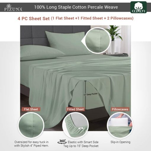 Juego de Sabanas de Algodon Pizuna Percale Tamano King, 100% Algodon de Fibra Larga Percale King con Bolsillo Profundo de 15 pulgadas (Sabanas de Algodon King Sea Foam) - Imagen 3