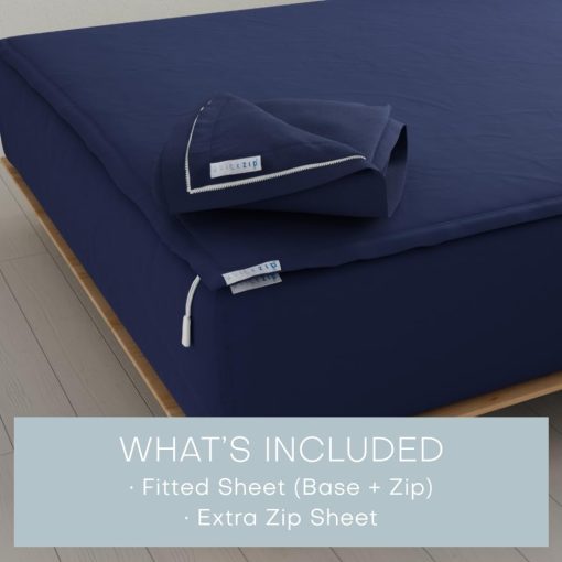 Conjunto de Recambio Extra QuickZip Fitted Plus: 1 Sabana Ajustable (Base + Sabana con Cremallera) & 1 Sabana con Cremallera - Facil de Cambiar, No se Suelta - Suave Percale 400 TC 100% Algodon ? Bolsillos Profundos de 17.5? - Sabanas Tamaño King - Azul Marino Profundo - Imagen 2