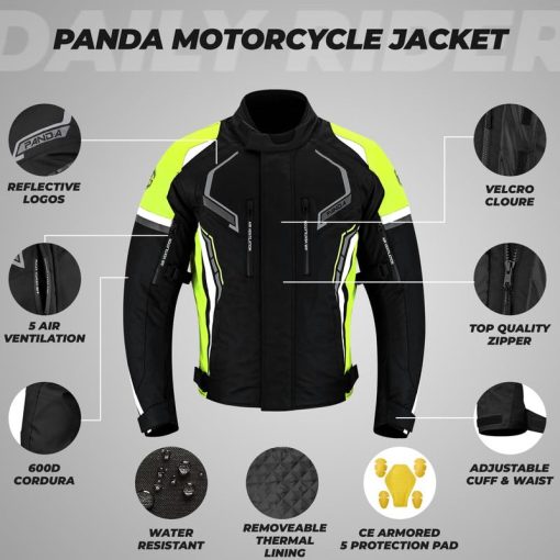 Chaqueta de moto PANDA CYCLE GEAR para hombre de alta visibilidad impermeable con armadura CE para enduro y motocicletas de doble deporte y acolchado de espuma para proteccion, Chaqueta de moto para hombres | Hi-Viz Verde, XL - Imagen 3