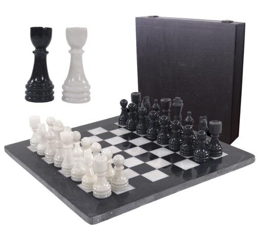 Juego de Ajedrez de Marmol Marble Range con Caja de Almacenamiento 15" Pulgadas Tablero Hecho a Mano para 2 Jugadores - Juego de Ajedrez Negro y Blanco para Uso en Exteriores y Decoracion del Hogar