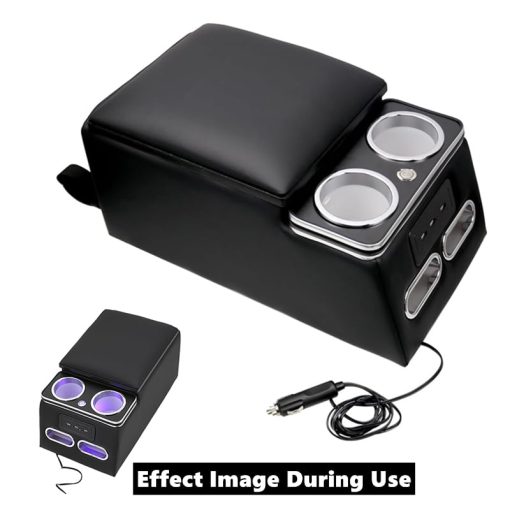 Consola de Asiento Trasero Universal RASNAUTO, Organizador de Centro de Consola con Luz LED, Puerto USB, Portavasos, Almacenamiento de Telefono, Caja de Almacenamiento Grande, Tapa superior acolchada Negra - Imagen 2