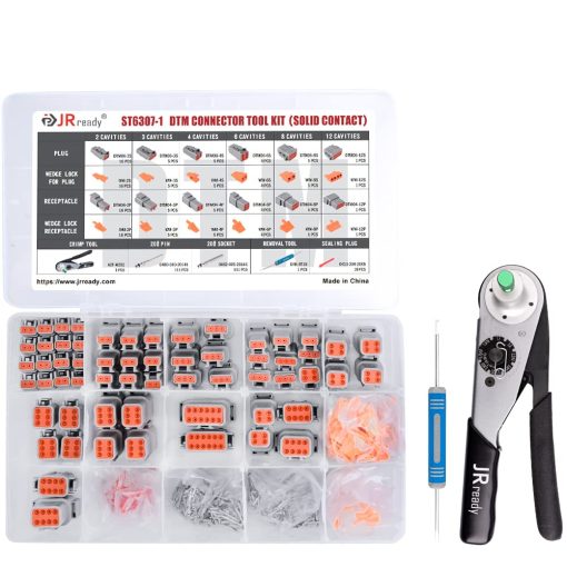 JRready ST6307-1 Kit de Conectores Deutsch DTM 2 3 4 6 8 y 12 Pines Conector Electrico Automotriz con Crimper ACT-M202, Contactos Solidos Tamano 20 para Cableado de Crimp 16-22AWG, 7.5A