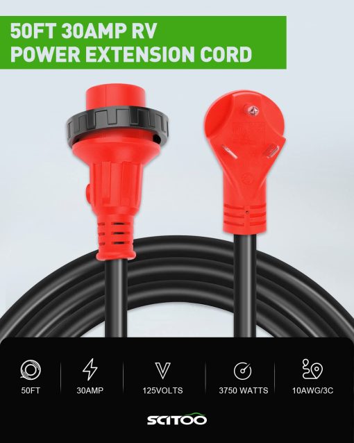 SCITOO Cable de Extension para RV de 30 Amperios 50 Pies, Cables de Calibre 10AWG/3C de Servicio Pesado con Enchufe NEMA TT-30P Macho y Hembra NEMA TT-30R a Adaptador Macho de 15 Amperios para Remolque de RV Campistas Caravana, ETL/CETL Listado - Imagen 2