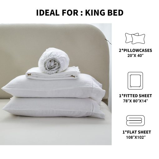 Juego de Sabanas Simple&Opulence 100% Lino con Ribete de Ovillos - 4 Piezas de Sabanas de Cama de Lino Europeo Puro Lavado (1 Sabana Plana, 1 Sabana Ajustable, 2 Fundas de Almohada) - Transpirable y Suave (Blanco Ovillos, King) - Imagen 5