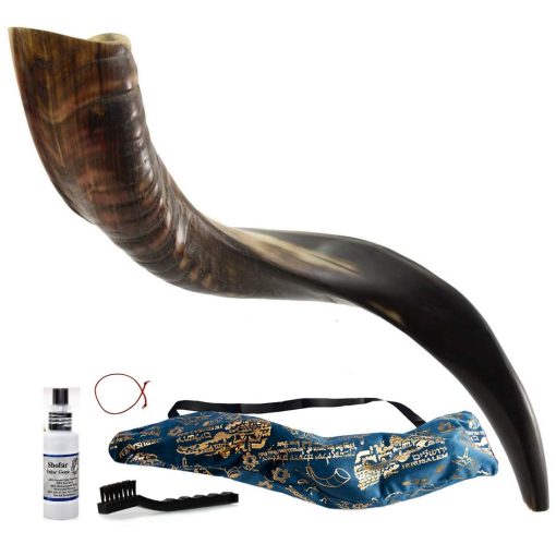 Conjunto de Shofar Israeli ProShofar, Cuerno de Kudu Natural, Shofar Kosher Tradicional Yemenita Instrumento Musical para Ceremonias Espirituales Judias y Sermones Religiosos, Hecho en Israel