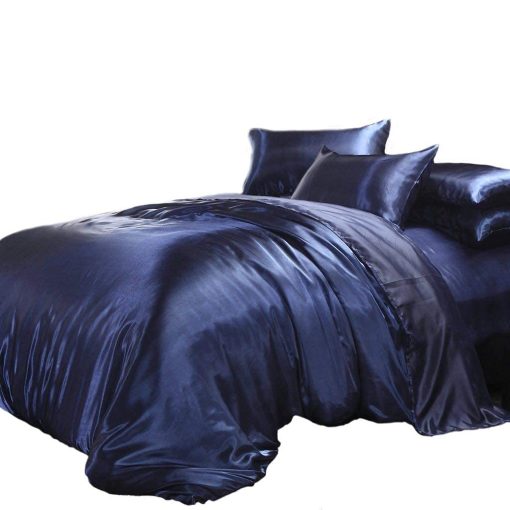 Juego de Sabanas de Seda 100% Pura Saten de Vuvet Bedding |7 Piezas| Sabana Ajustada se Adapta a un Colchon de Bolsillo Profundo de hasta 15" | Juego de Sabana Plana Sabana Ajustada Funda de Edredon Fundas de Almohada| Sin Arrugas y Resistente a la Decoloracion (King, Azul Marino)