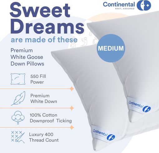 Almohadas de plumon de lujo Continental Bedding 100% tamano King Pack de 1 - Hechas en familia en Nueva York - Almohadas transpirables para dormir, para dolor de espalda, de lado y de estomago - Firmeza y loft medio de 550FP - Imagen 2