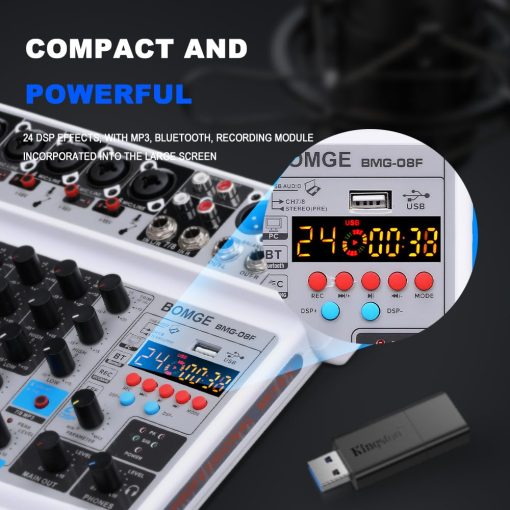 Mezclador de audio de 8 canales BOMGE Line Mixer DC 5V con reproductor MP3, Bluetooth, U disk 48V, 24 efectos DSP, grabacion USB Ideal para pequenos clubs o bares, grabacion de estudio (8 canales - BLANCO) - Imagen 5