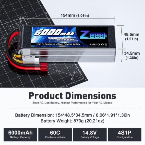 Bateria Lipo Zeee 4S 6000mAh 60C 14.8V con Estuche Suave y Conector Deans Compatible con Aviones RC Quadcopters Helicopteros Coches Camiones Barcos - Imagen 2