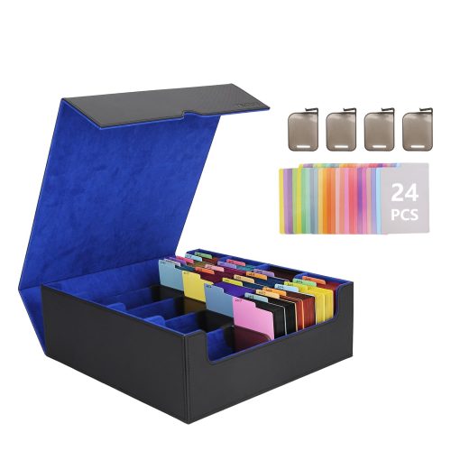 Caja de Almacenamiento de Cartas Venssu Para Trading Cards Con Soportes de Cartas Dedicados, Caja de Mazo Mtg de 3000+ Con 24 Pestanas Coloridas, Almacenamiento de Cartas de Trading para Cartas de Juego Magico (Negro y Azul)
