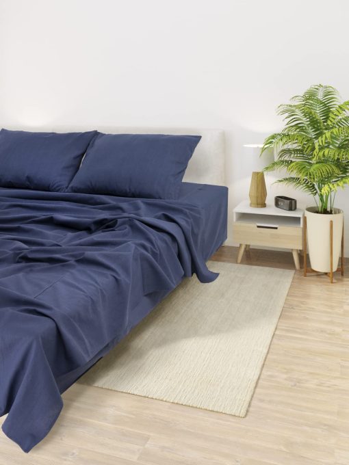 Juego de Sabanas y Fundas de Almohada de Lino Europeo WHOLEWOOLS - Juego de Sabanas de Sabana Bajera de Lino Natural - 4 Pzas Ultra Suaves (2 Fundas de Almohada, Sabana Ajustable y Sabana de Cama) (Completo, indigo) - Imagen 3