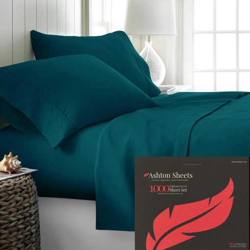 Juego de sabanas King de Ashton Sheets en algodon egipcio - 1000 hilos King Size, sabanas de algodon egipcio de 4 piezas, sabanas de lujo King Size, sabanas de alto hilo King Size, se ajusta hasta 18" - Teal