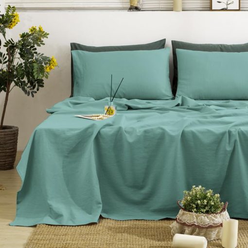 Juego de sabanas de lino TUMEI 100% tamano King - 4 piezas de ropa de cama King Sabanas de lino suaves, transpirables y duraderas Juego de sabanas ajustables y sabana plana y 2 fundas de almohada, tamano King en azul oceano - Imagen 6