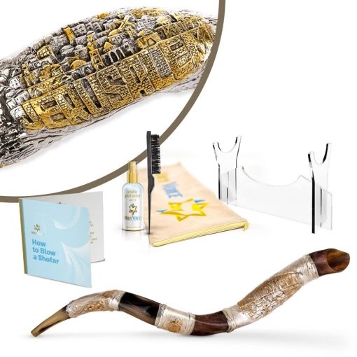 Shofar de Cuerno de Kudu Plateado en Plata Santa de Holy Voice de Israel - Con Soporte para Shofar, Bolsa de Transporte, Cepillo, Spray Antimicrobiano - Hecho en Israel (28"-32", Jerusalen)