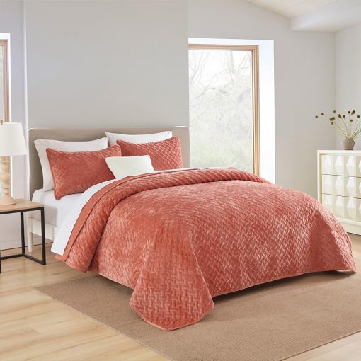 Juego de Colchas de Terciopelo Liians, Juegos de Ropa de Cama de Lujo con Terciopelo Ultra Suave y Elegante, Colchas Acolchadas de Algodon con Patron de Tejido para Todas las Estaciones, Naranja, Tamaño Queen - Imagen 6