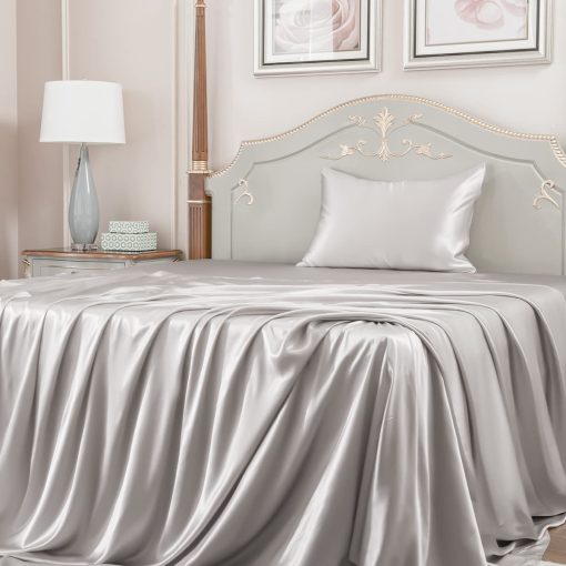 Juego de sabanas de seda Promeed 23 Momme Twin XL con sabana plana, sabana ajustable de bolsillo profundo y fundas de almohada, Juego de sabanas de seda 100% morera real de 3 piezas (Gris Claro, Twin/Twin-XL)
