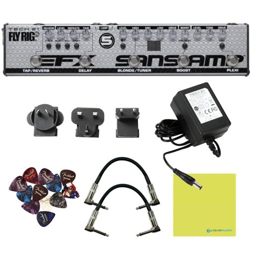 Pedal de Efectos Multifuncion Tech 21 FL5-V2 Fly Rig 5 V2 con Salida XLR - Paquete con 2x Cables de Conexion en angulo Recto Strukture S6P48, 12x Puas Fender y Paño de Pulido Liquid Audio