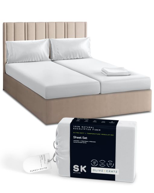 Juego de sabanas Split King de Olive + Crate para cama ajustable, 100% fibra de eucalipto Tencel certificada de Austria, Mejor que seda lino y algodon, Sabanas refrescantes para durmientes calurosos, Blanco Nieve (106" x 107")