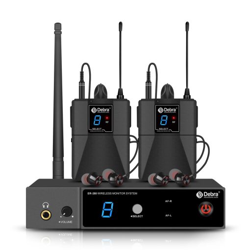 Sistema de Monitor Inalambrico en Oido Debra ER-280 UHF Profesional Sistema IEM Transmisor y Receptor con Auriculares, para Escenario, Banda, Estudio de Grabacion, Actuacion en Vivo (con 2 Receptores)