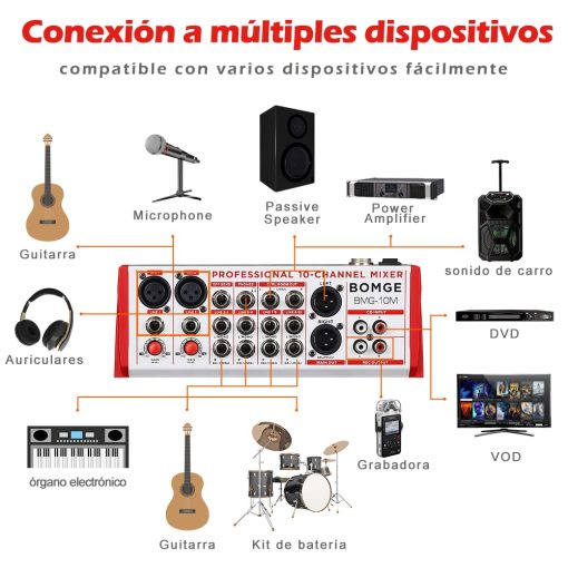 Mezcladora de sonido BOMGE de 10 entradas con preamplificadores de microfono y compresores, 24DSP, bluetooth, Alimentacion 48V, EQ britanico e Interfaz USB/Audio para grabacion, karaoke y podcast. (10M-10 Canales) - Imagen 9