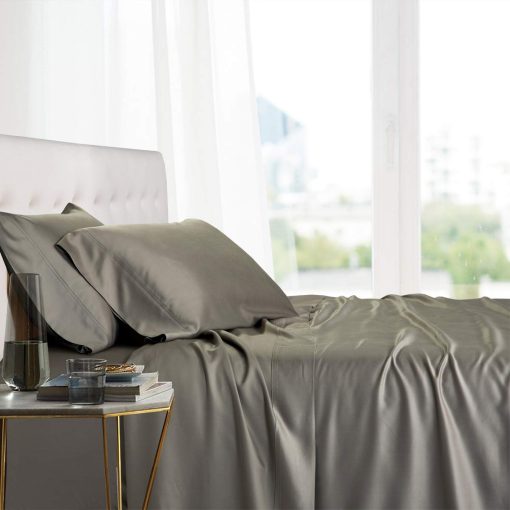 Juego de Sabanas de Bambu 100% Natural Viscosa, Suaves Sabanas Termorreguladoras, Transpirables Sabanas de Hotel y Fundas de Almohada, Juego de 4 Piezas - Cama King Partida Ajustable - Partida Superior-King - Gris