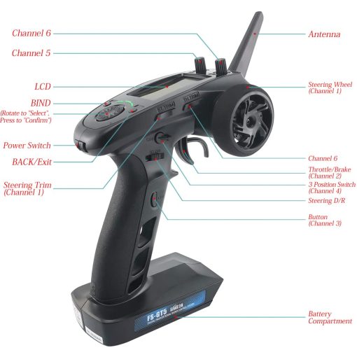 Control Remoto Flysky FS-GT5 de 6 Canales con Receptor de Giro FS-BS6 2.4G para Coche Buggy Crawler Barco Tanque - Imagen 3