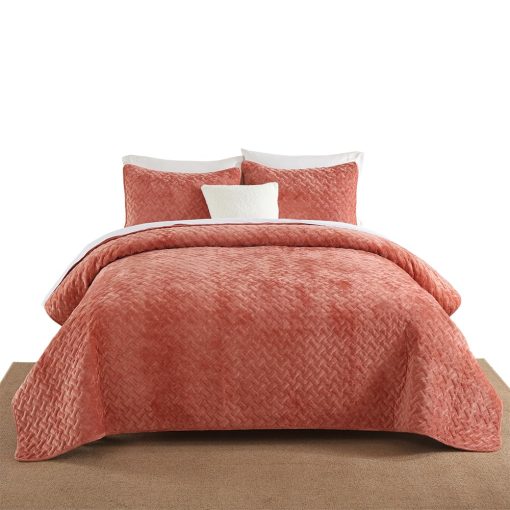 Juego de Colchas de Terciopelo Liians, Juegos de Ropa de Cama de Lujo con Terciopelo Ultra Suave y Elegante, Colchas Acolchadas de Algodon con Patron de Tejido para Todas las Estaciones, Naranja, Tamaño Queen - Imagen 9