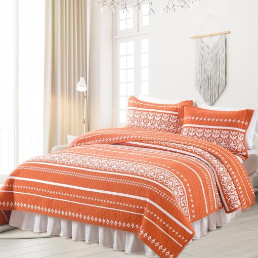 Colcha King Size Qiqiong, Juego de Colcha Boho Naranja 100% Algodon Colcha Bohemia a Rayas King Bedspread Juego de Ropa de Cama Ligera Edredon Reversible Cubrecama para Verano, Naranja Blanco 3 Piezas - Imagen 2