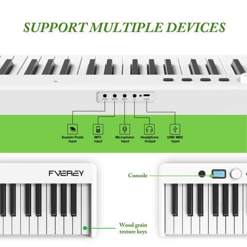 Teclado de Piano Plegable de 88 Teclas FVEREY, Teclado Semipesado de Tamaño Completo, Piano Portatil de Viaje, Soporte MIDI Bluetooth Piano Electrico para Principiantes Adultos, Blanco - Imagen 6