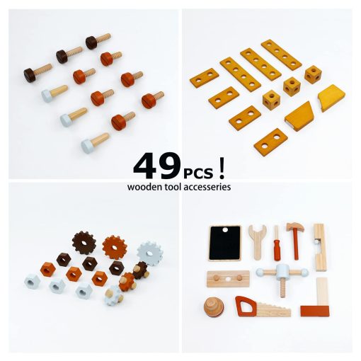Banco de herramientas para niños PairPear, Juguetes de madera Banco de trabajo infantil con martillo de juguete y herramientas de construccion, Set de juguete para niños con accesorios de herramientas, regalo para niños - Imagen 4