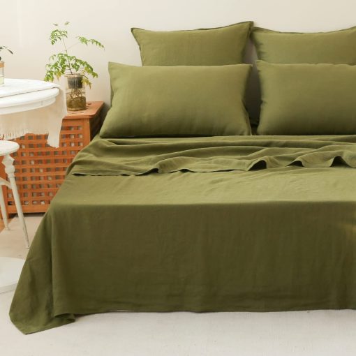Juego de sabanas 100% Lino Simple&Opulence 4 piezas, Estilo Basico, Bolsillo Profundo, Lino Frances Lavado Natural Solido, Sabanas Suaves y Transpirables - Verde Oliva, Full