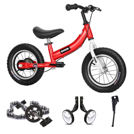 Bicicleta de Equilibrio OHIIK 2 en 1 para Ninos de 2 3 4 5 6 7 Anos, Bicicleta de Equilibrio a Pedales, Bicicleta de Ninos de 12 14 16 Pulgadas, con Kit de Pedales, Ruedas de Entrenamiento, Frenos (12 Pulgadas, Rojo)