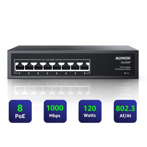 Switch PoE Gigabit de 8 Puertos Aumox, 8 Puertos PoE 120W, Switch de Red Ethernet Gigabit no Administrado, Plug and Play, Carcasa de Metal Resistente, Optimizacion del Trafico