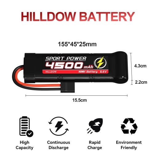 Bateria recargable Hilldow 8.4V 4500mAh NiMH con conector Traxas para coches RC 1/8 1/10, camiones, vehiculos de control remoto, buggies, barcos (paquete de 2) - Imagen 4