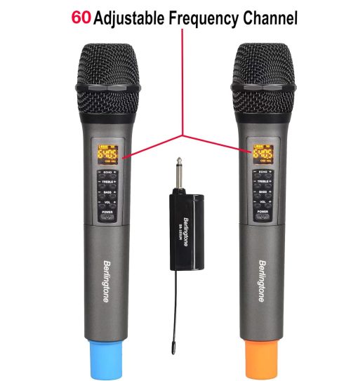 Sistemas de Microfono Inalambrico Dual UHF Berlingtone BR-105UM, de Mano Dinamico, con 60 Canales de Frecuencia Ajustable, con Eco, Agudos, Graves y Receptor Recargable, para Karaoke, DJ, Hasta 200 pies de Alcance - Imagen 2