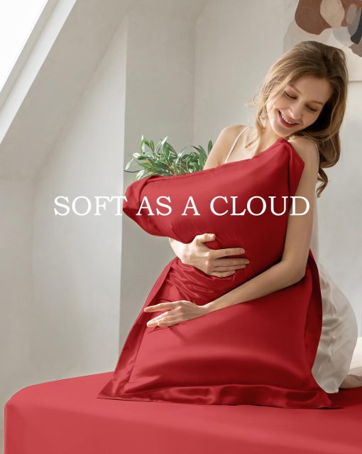 Juego de sabanas de seda 100% de mora THXSILK, juego de sabanas de seda 7A+ suave y transpirable, ropa de cama de lujo (1 sabana plana, 1 sabana ajustable, 2 fundas de almohada) Queen, Rojo - Imagen 3