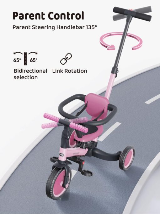 Triciclo para niños de 1 a 3 años, Bicicleta para niños, 5 en 1 Triciclo con Mango de Empuje, Regalo de Navidad y Cumpleaños y Juguete para Niñas, Convertible a Bicicleta de Equilibrio para Bebes, Rosa, TR008 - Imagen 6