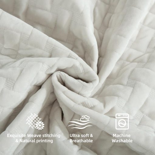 Juego de Edredon de Terciopelo Liians, Conjuntos de Ropa de Cama de Lujo, Elegante Ultra Suave Edredones de Terciopelo, Mantas, Colchas con Patron de Tejido Acolchado para Todas las Estaciones, Blanco, Tamano Queen - Imagen 5