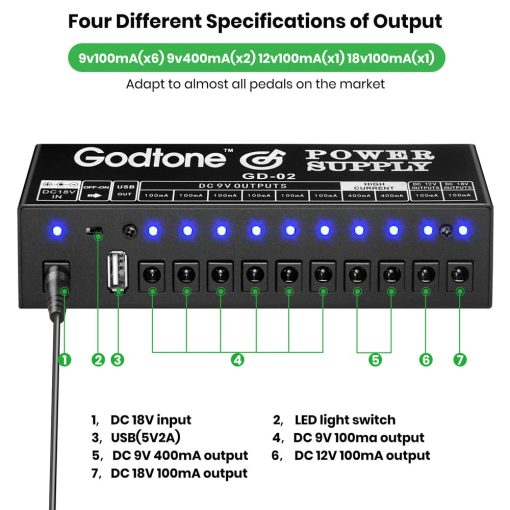 Fuente de Alimentacion para Pedales de Guitarra 10 Salidas Aisladas DC para 9V/12V/18V, 100mA 400mA, con USB(5V2A) GD-02 - Imagen 2