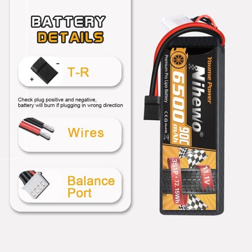 Bateria Lipo Nihewo 3S 2 Paquetes 11.1V 6500mAh Bateria Lipo RC 90C Caja Dura con Conector TR Compatible con Arrma HPI 1/8 1/10 Camion RC Vehiculos Coche Truggy Buggy Tanque Hobby - Imagen 4