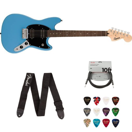 Fender Squire Laurel Fingerboard Bundle con 12 Puas de Guitarra Clasicas de Celuloide, Cable de Instrumento Profesional (10 pies) y Correa de Guitarra con Logo. (Azul California, Diapason de Laurel)