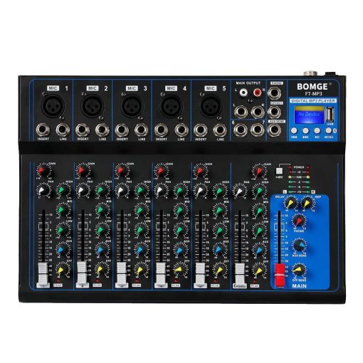 Mezclador de Audio Portatil Bluetooth BOMGE K7 con Consola de Mezcla de Sonido USB MP3 Estereo 48V para Grabacion de PC, Mezcladoras de 4/7 Canales para Estudio de DJ (7 Canales)