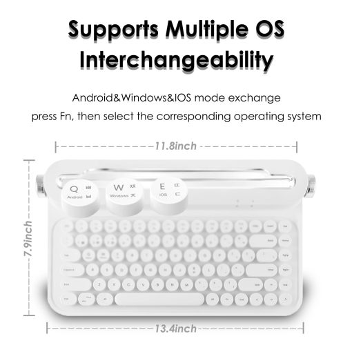 Teclado inalambrico tipo maquina de escribir de 86 teclas, teclado retro con soporte integrado, teclado Bluetooth con teclas redondas lindas para varios dispositivos para PC (blanco) - Imagen 7