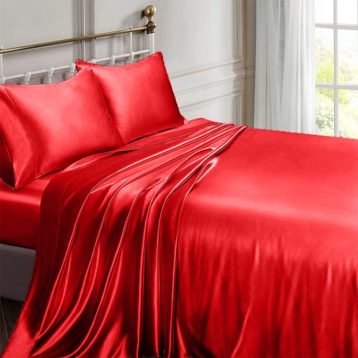 Conjunto de sabanas de seda satinada Rico Bedding con 19 pulgadas de bolsillo profundo - Juego de sabanas de lujo de hotel - 6 piezas - Bolsillos profundos - Transpirable y fresco - Sin arrugas - Confortable - Sabanas - (Cal Queen Rojo Sangre) - Imagen 2