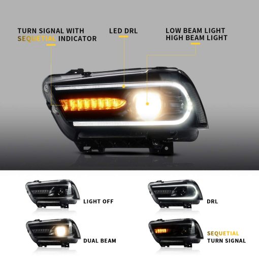 Faros del proyector LED VLAND para Dodge Charger 2011-2014 con lente de doble haz, senales de giro secuenciales, (no sirven para Dodge Charger SE 2012) - Imagen 2