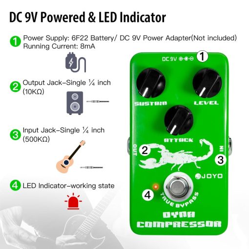 Pedal Compresor JOYO Dynamic Low Noise - Reconstruccion Clasica del Compresor Ross para Guitarra Electrica & Bajo - Bypass Verdadero (JF-10) - Imagen 6