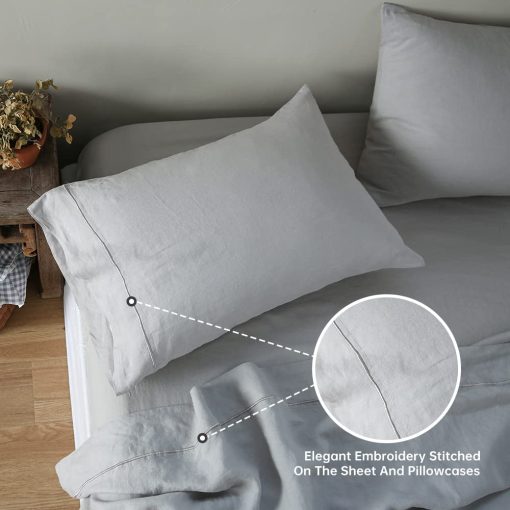 Juego de sabanas de lino Simple&Opulence 100% con bordado lavado - 4 piezas (1 sabana plana y 1 sabana ajustable y 2 fundas de almohada) natural lino suave ropa de cama transpirable acogedora de estilo campestre - Gris claro, tamano Queen - Imagen 3